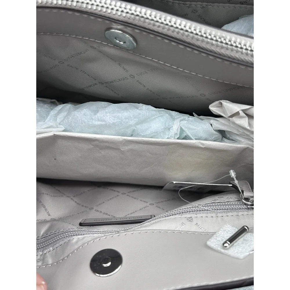 Michael Kors Teagan‎ Long Drop Satchel Pearl Grey Pebbled Leather NEW MSRP $448.